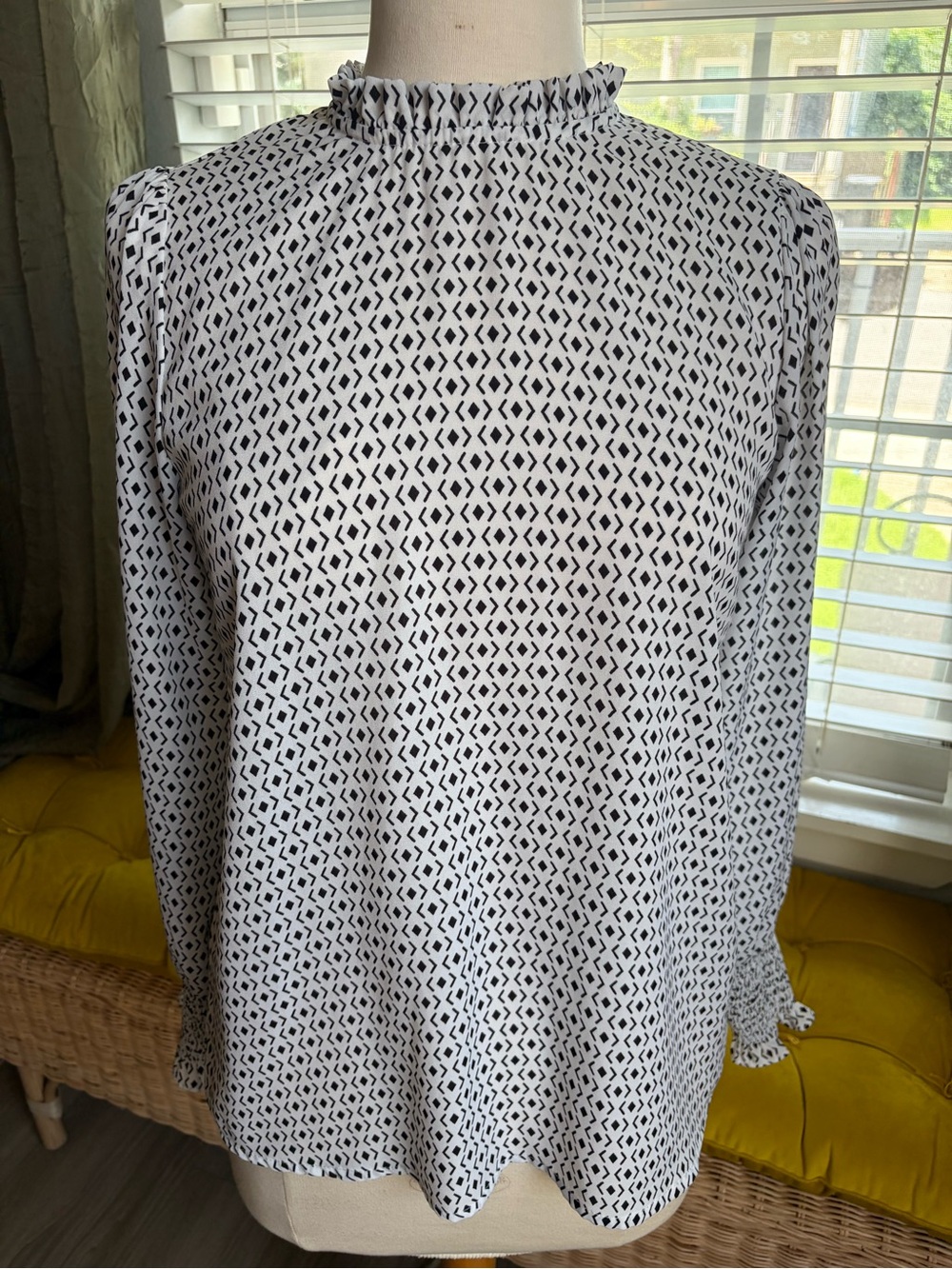 Black & White Printed Ruffle-Neck Blouse